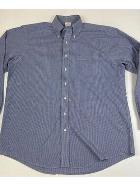 Brooks Brothers Men 17-6/7 Blue White Gingham Non-Iron Cotton Button Up Shirt